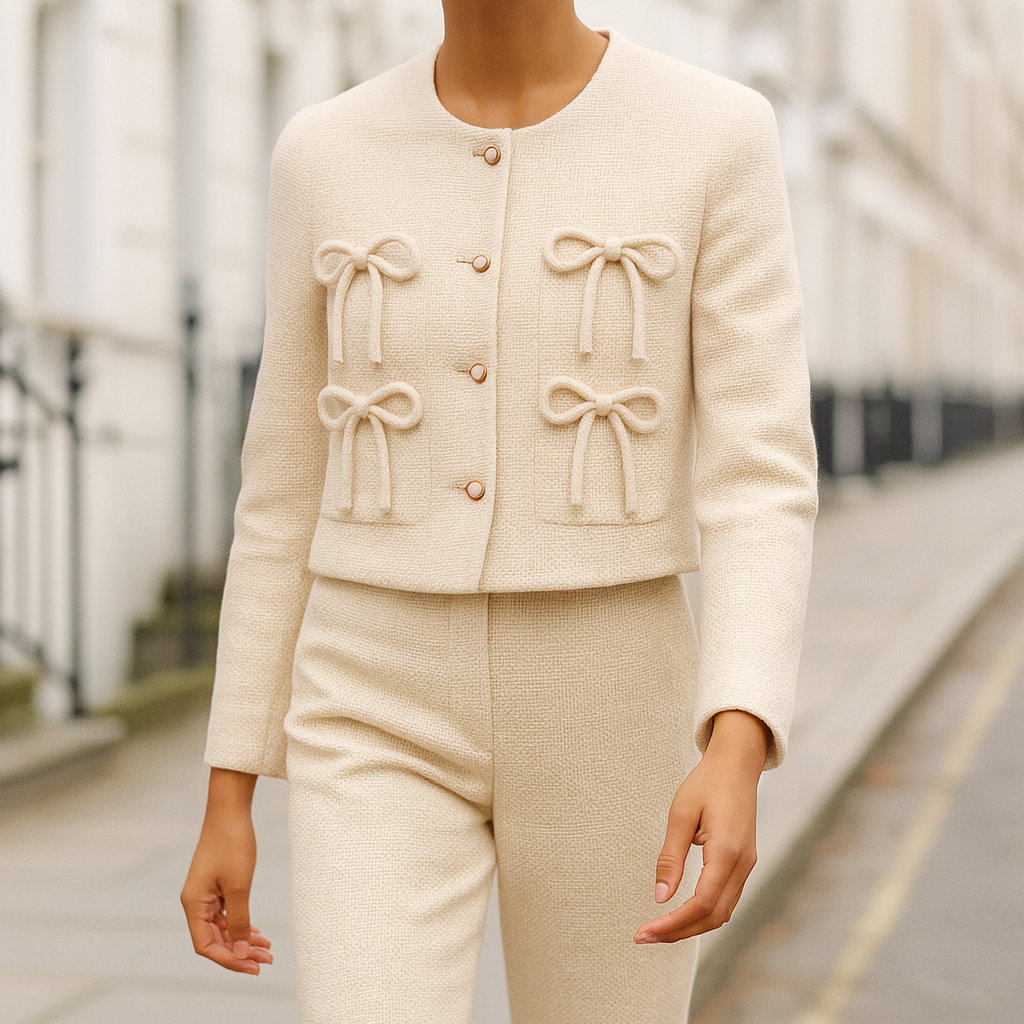 Cropped textured top with long sleeves, a round neckline, front button closure, and four decorative bow accents on the front.