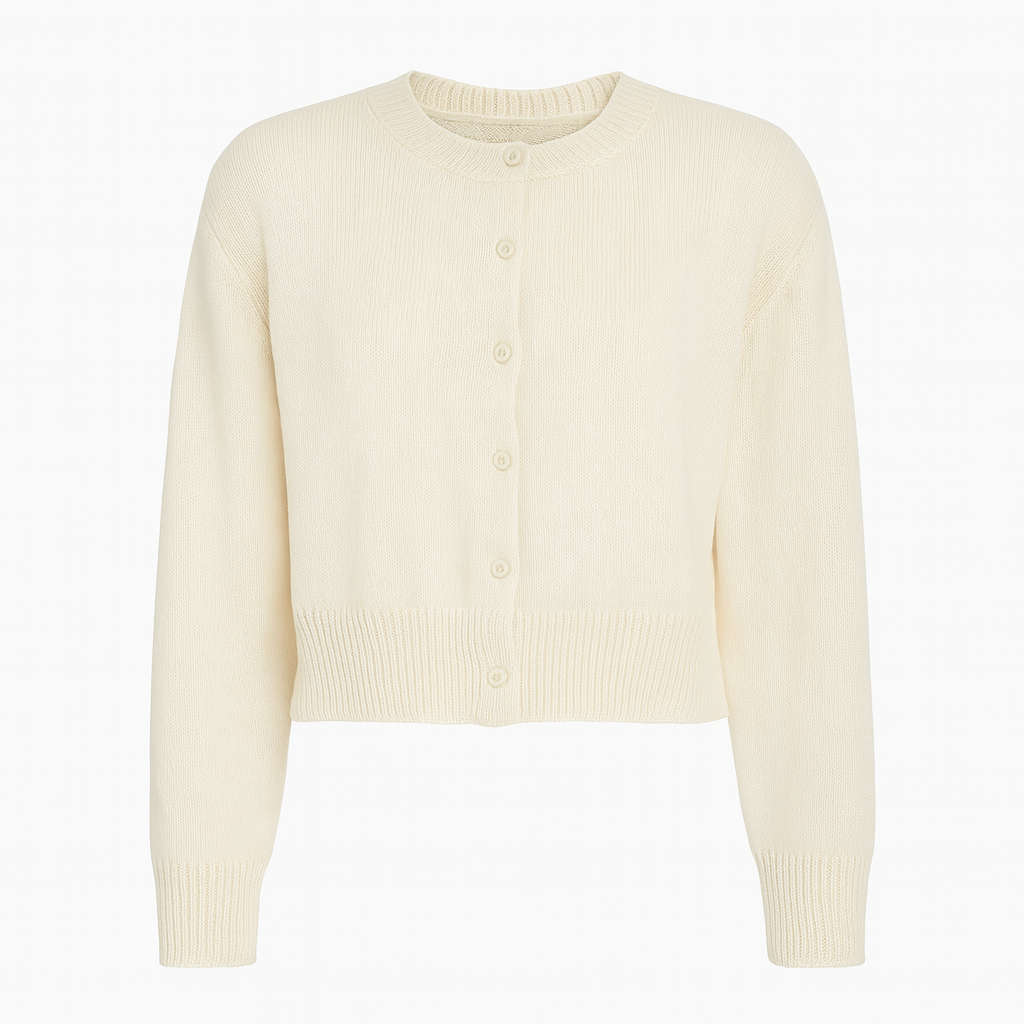 A knit cardigan with a round neckline, long sleeves, ribbed cuffs and hem, and a front button closure.