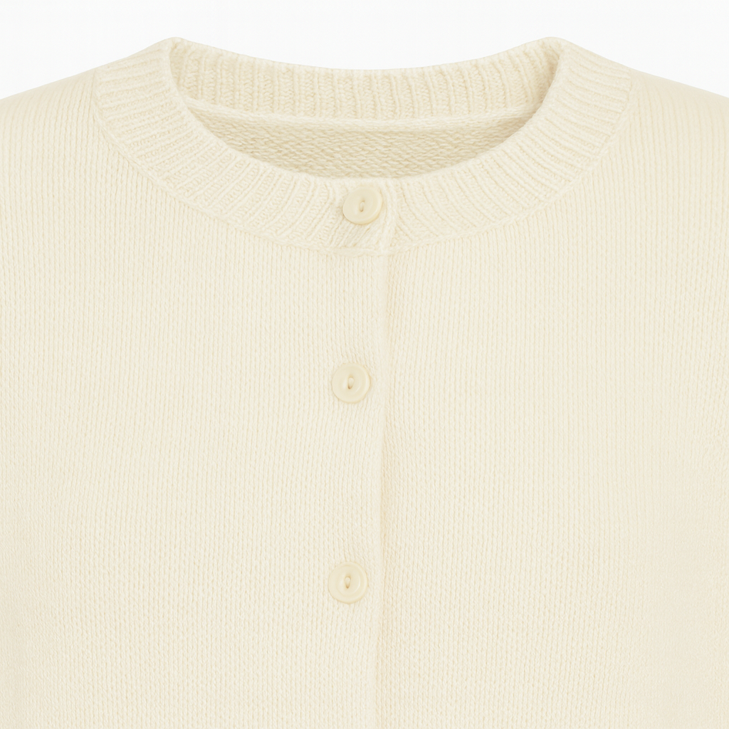 A knit cardigan with a round neckline, long sleeves, ribbed cuffs and hem, and a front button closure.
