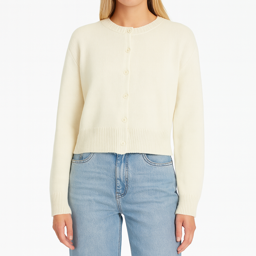 A knit cardigan with a round neckline, long sleeves, ribbed cuffs and hem, and a front button closure.