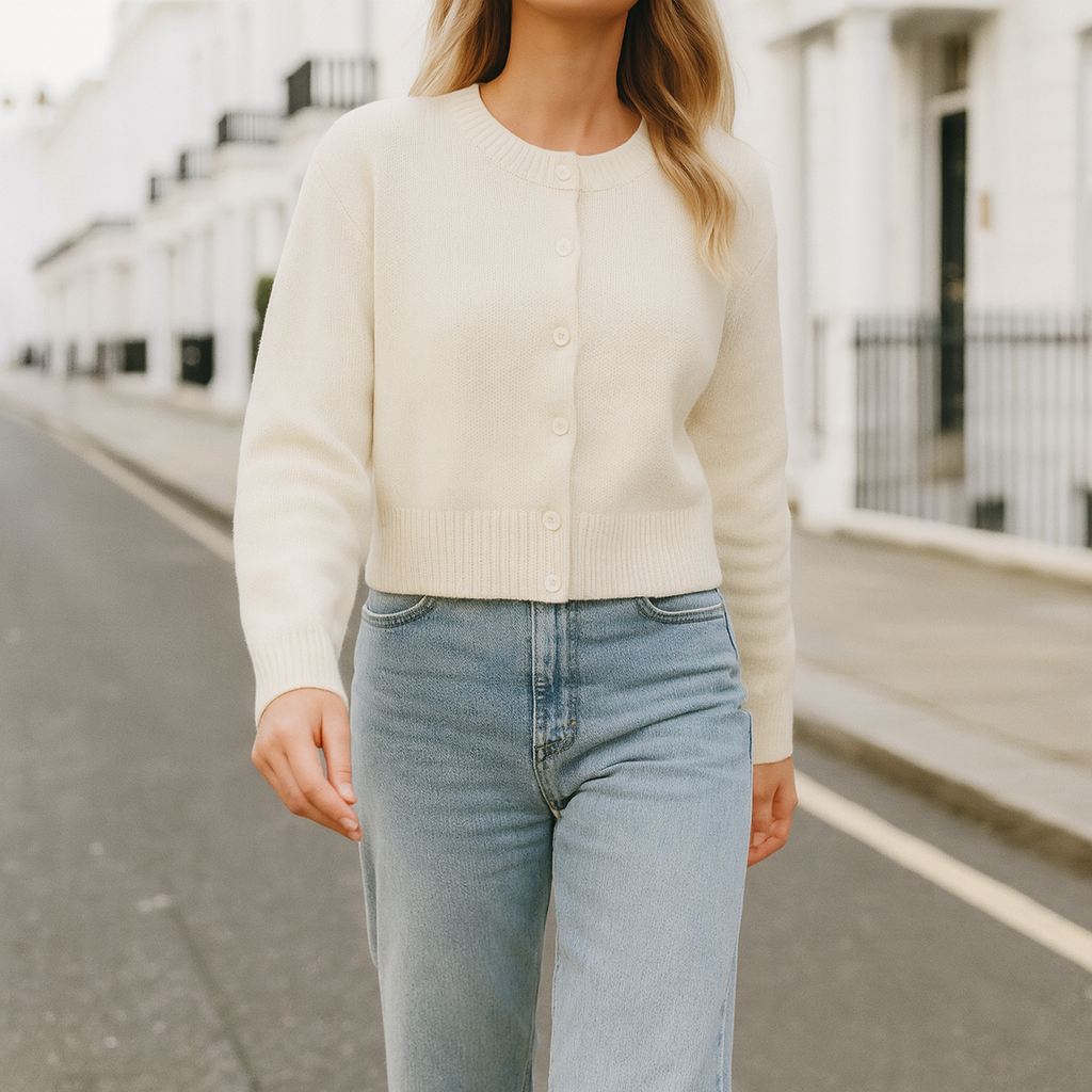 A knit cardigan with a round neckline, long sleeves, ribbed cuffs and hem, and a front button closure.
