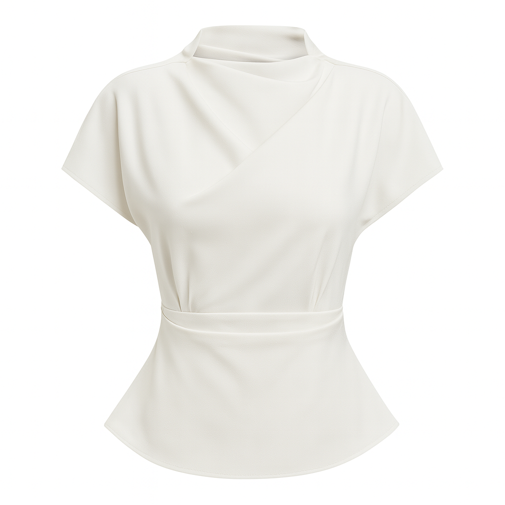 A short-sleeve blouse with an asymmetric draped neckline, a fitted waist accentuated by a wide band, and a gently flared hem.