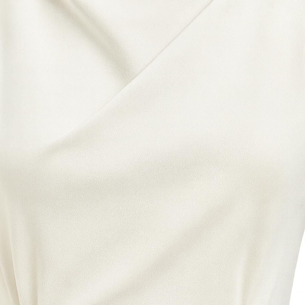 A short-sleeve blouse with an asymmetric draped neckline, a fitted waist accentuated by a wide band, and a gently flared hem.