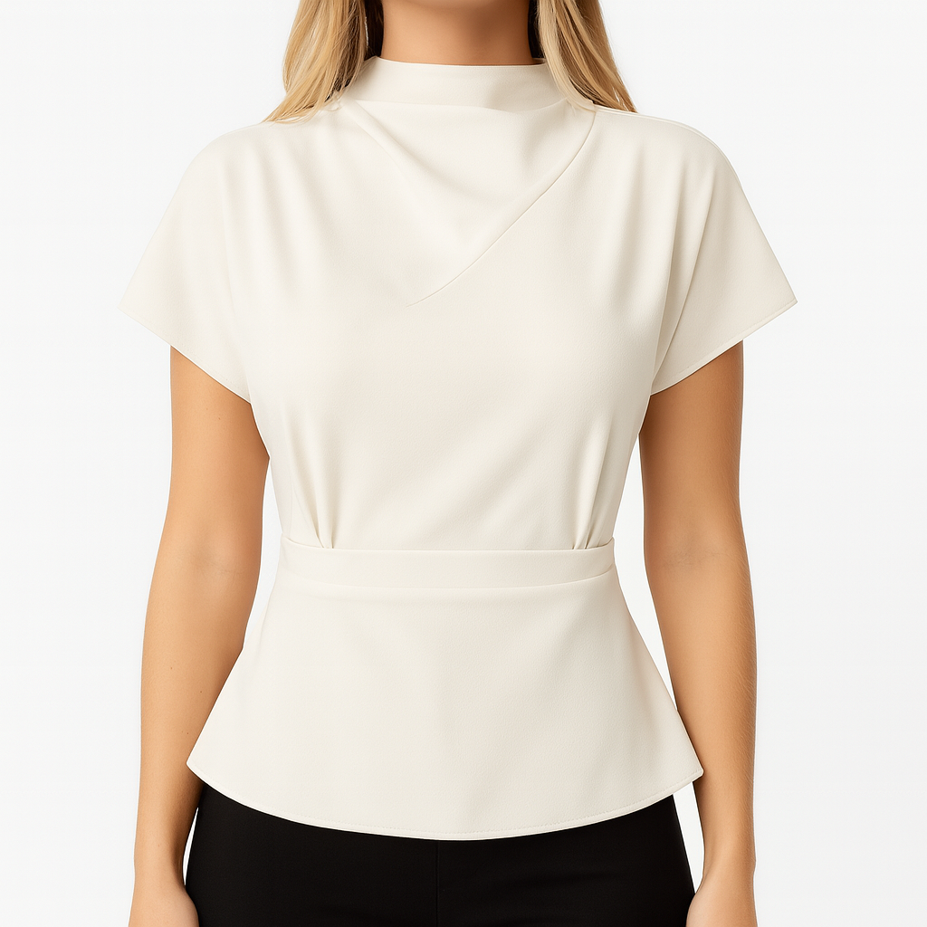 A short-sleeve blouse with an asymmetric draped neckline, a fitted waist accentuated by a wide band, and a gently flared hem.