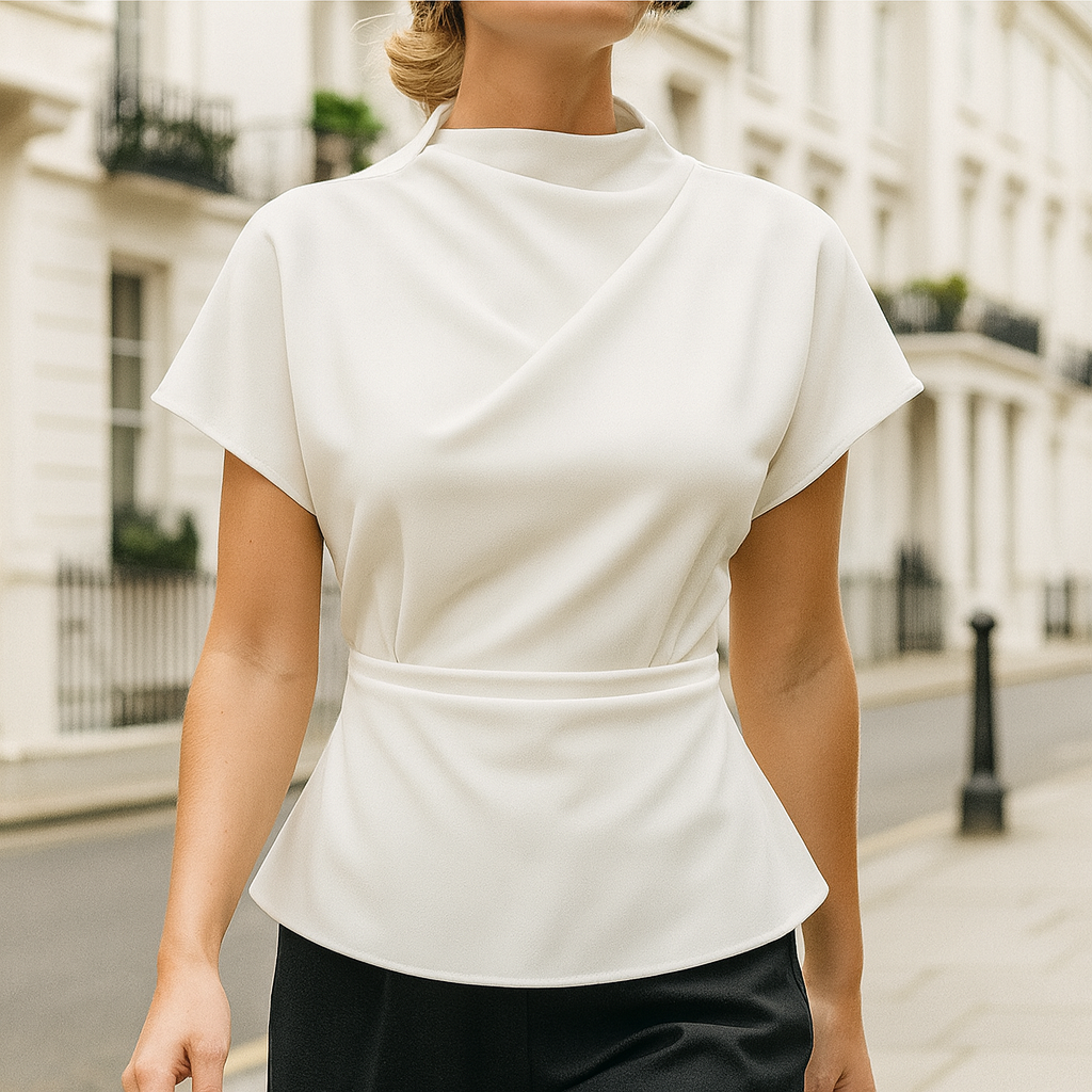 A short-sleeve blouse with an asymmetric draped neckline, a fitted waist accentuated by a wide band, and a gently flared hem.