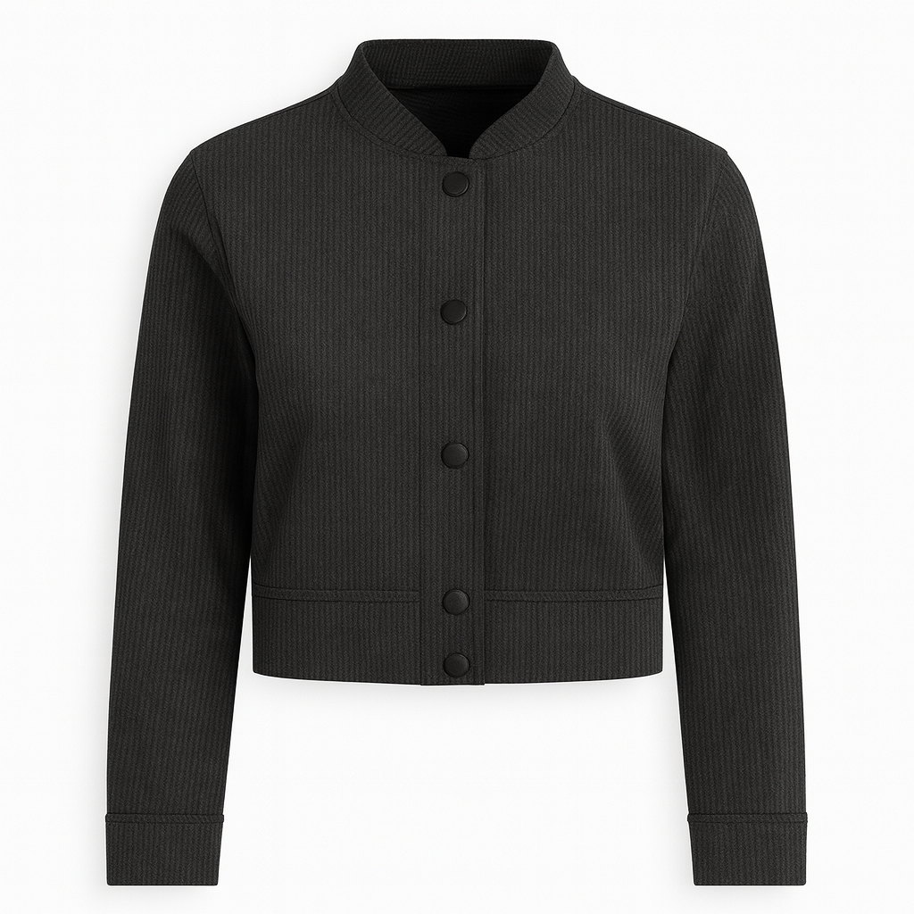 Cropped jacket with a round stand collar, front button closure with matching covered buttons, long sleeves, and a minimal, structured design.