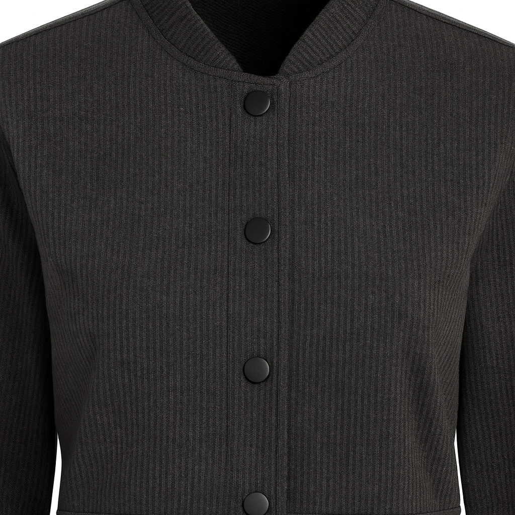 Cropped jacket with a round stand collar, front button closure with matching covered buttons, long sleeves, and a minimal, structured design.