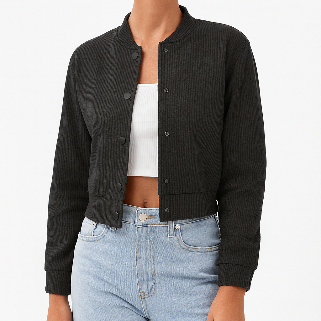 Cropped jacket with a round stand collar, front button closure with matching covered buttons, long sleeves, and a minimal, structured design.