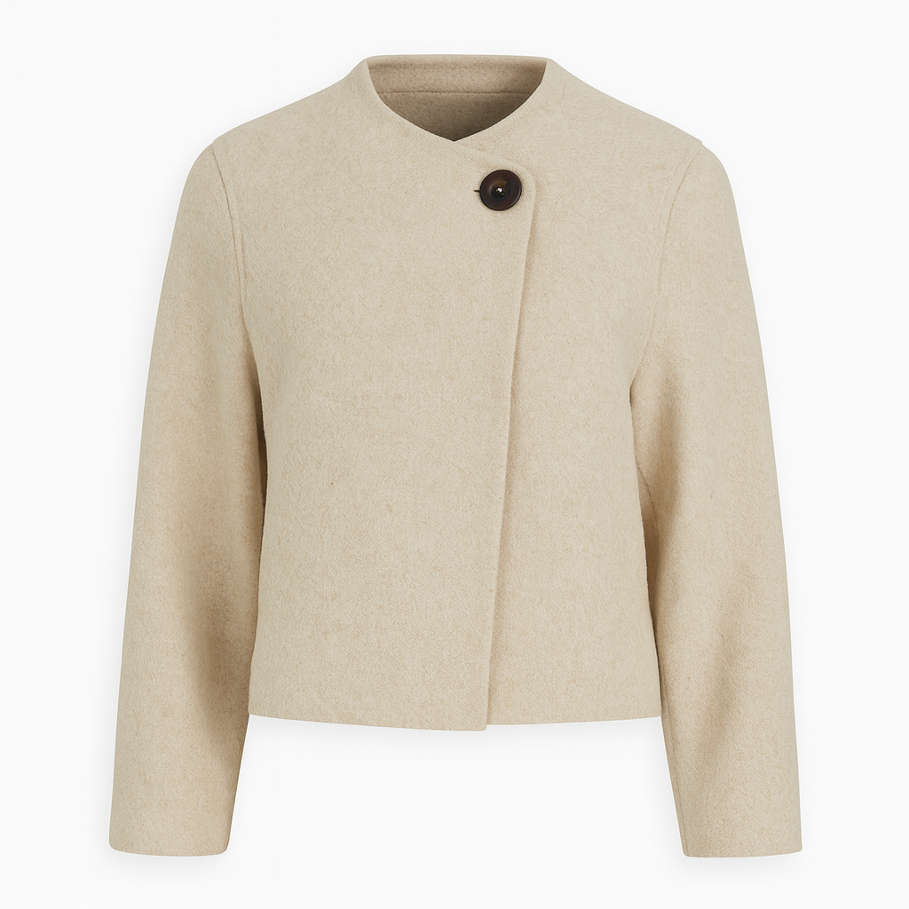 Cropped jacket with a minimalist design, featuring a round neckline, asymmetrical front closure, and a single large button at the collar.
