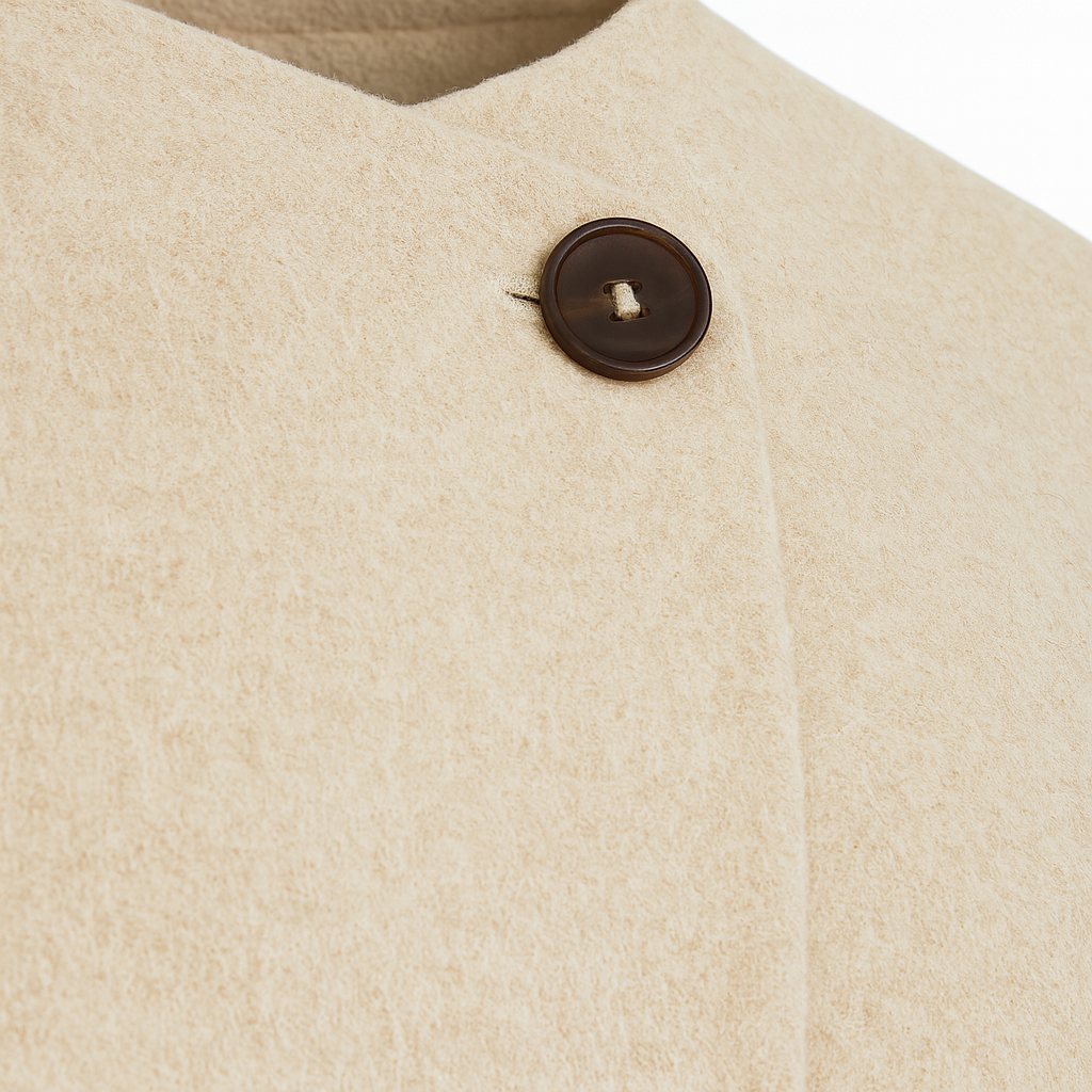 Cropped jacket with a minimalist design, featuring a round neckline, asymmetrical front closure, and a single large button at the collar.