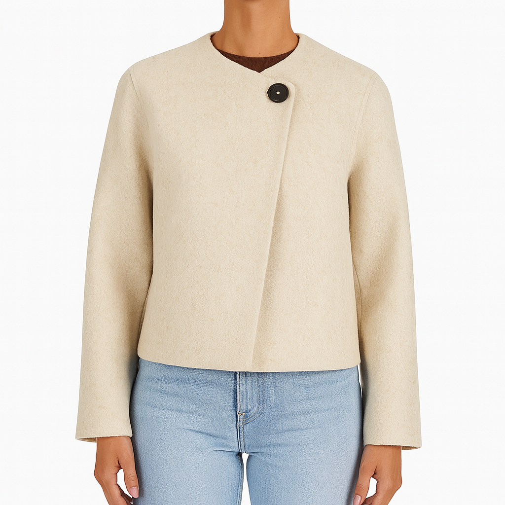 Cropped jacket with a minimalist design, featuring a round neckline, asymmetrical front closure, and a single large button at the collar.