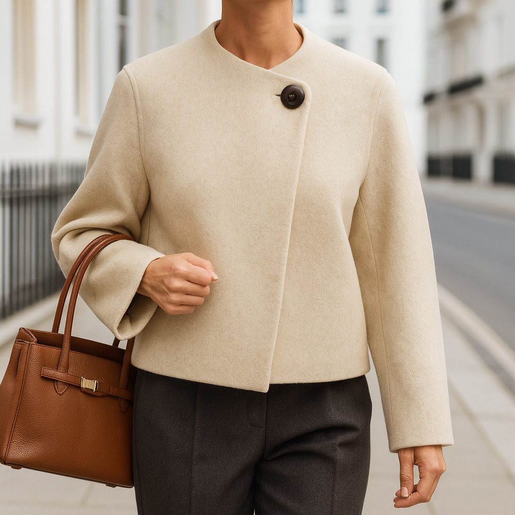 Cropped jacket with a minimalist design, featuring a round neckline, asymmetrical front closure, and a single large button at the collar.