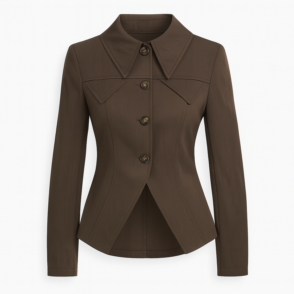 Fitted jacket with long sleeves, a wide pointed collar, structured seams, and a button-down front featuring a flared hemline.