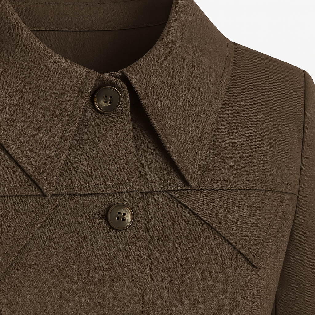 Fitted jacket with long sleeves, a wide pointed collar, structured seams, and a button-down front featuring a flared hemline.