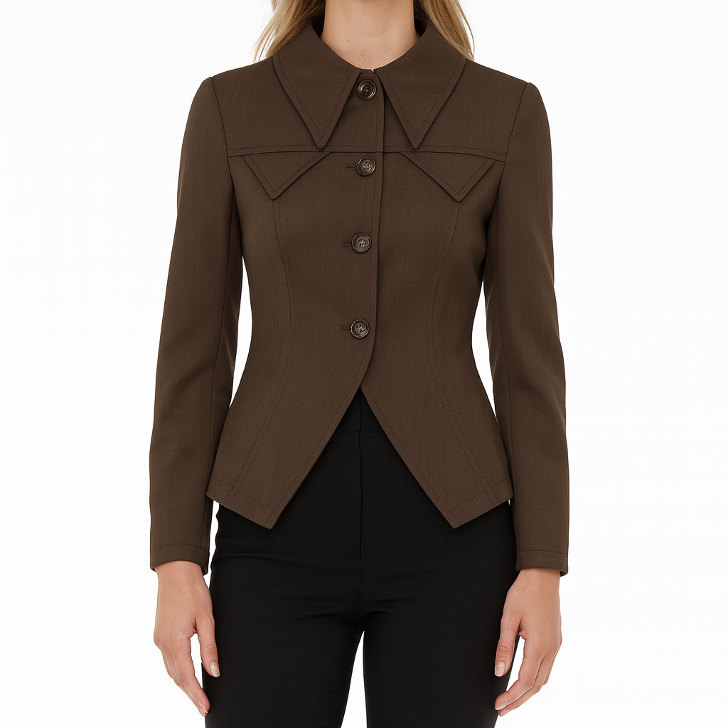Fitted jacket with long sleeves, a wide pointed collar, structured seams, and a button-down front featuring a flared hemline.