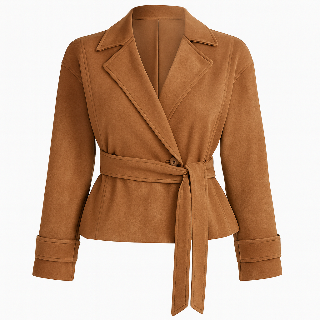 Tailored jacket with a notched lapel collar, long sleeves with wide cuffs, a single front button closure, and a matching self-tie belt at the waist.