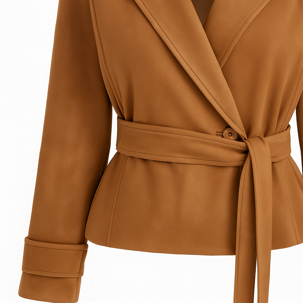 Tailored jacket with a notched lapel collar, long sleeves with wide cuffs, a single front button closure, and a matching self-tie belt at the waist.