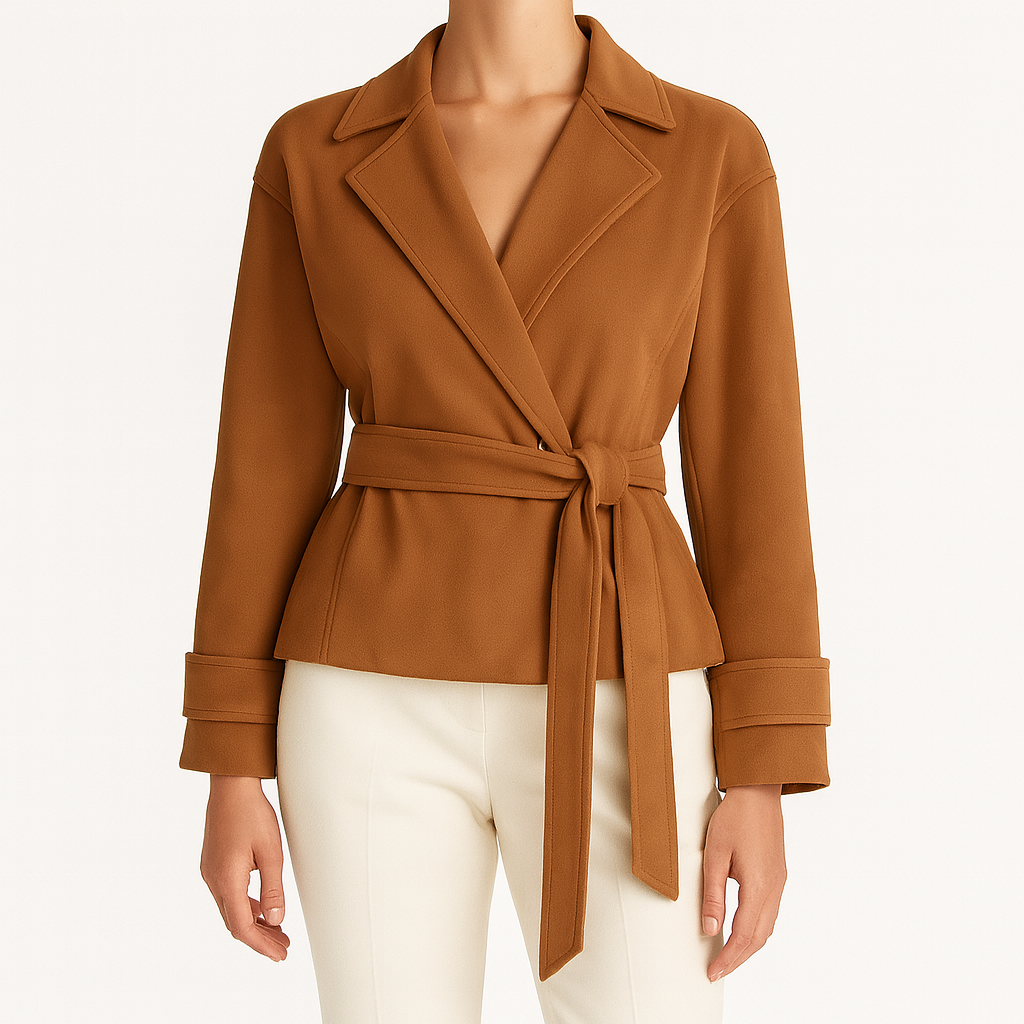 Tailored jacket with a notched lapel collar, long sleeves with wide cuffs, a single front button closure, and a matching self-tie belt at the waist.