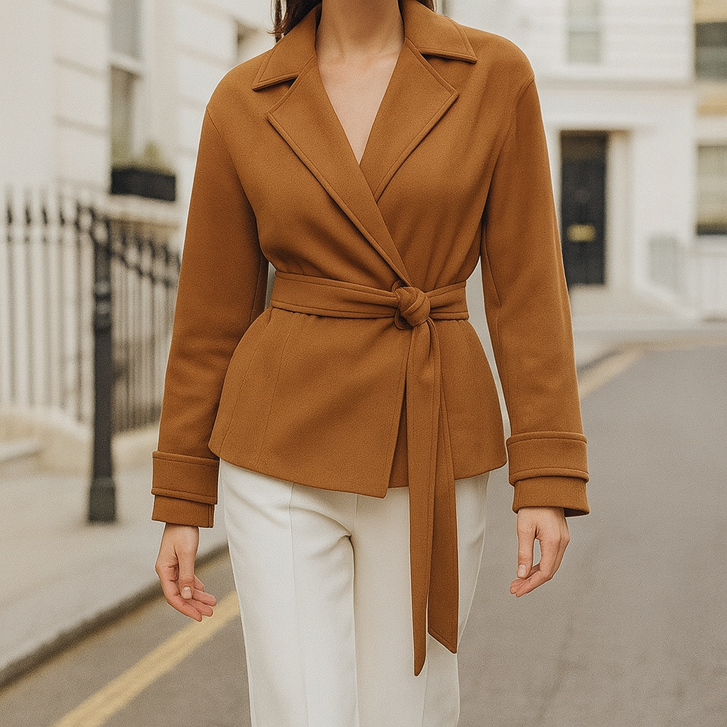 Tailored jacket with a notched lapel collar, long sleeves with wide cuffs, a single front button closure, and a matching self-tie belt at the waist.