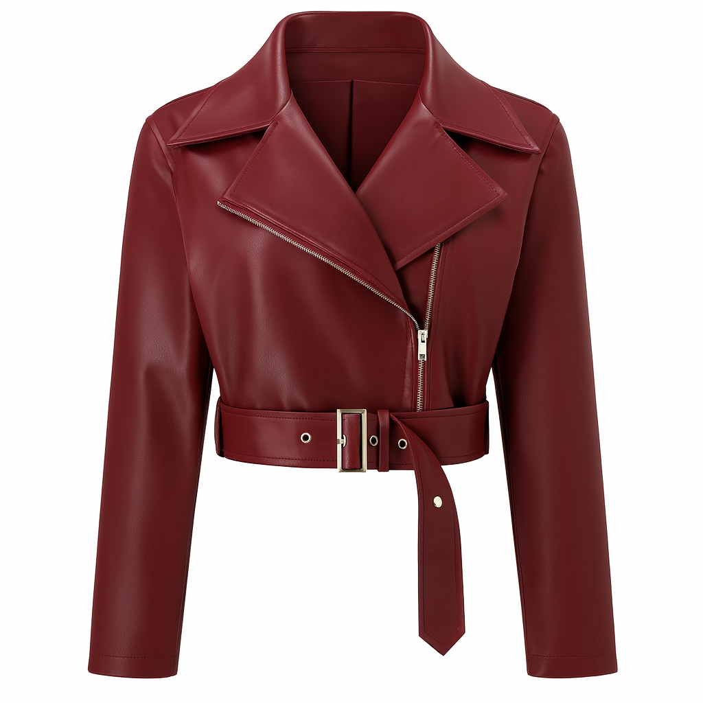 Faux leather biker jacket with a notched lapel collar, asymmetric front zip closure, belted waist with metal buckle, and long sleeves.