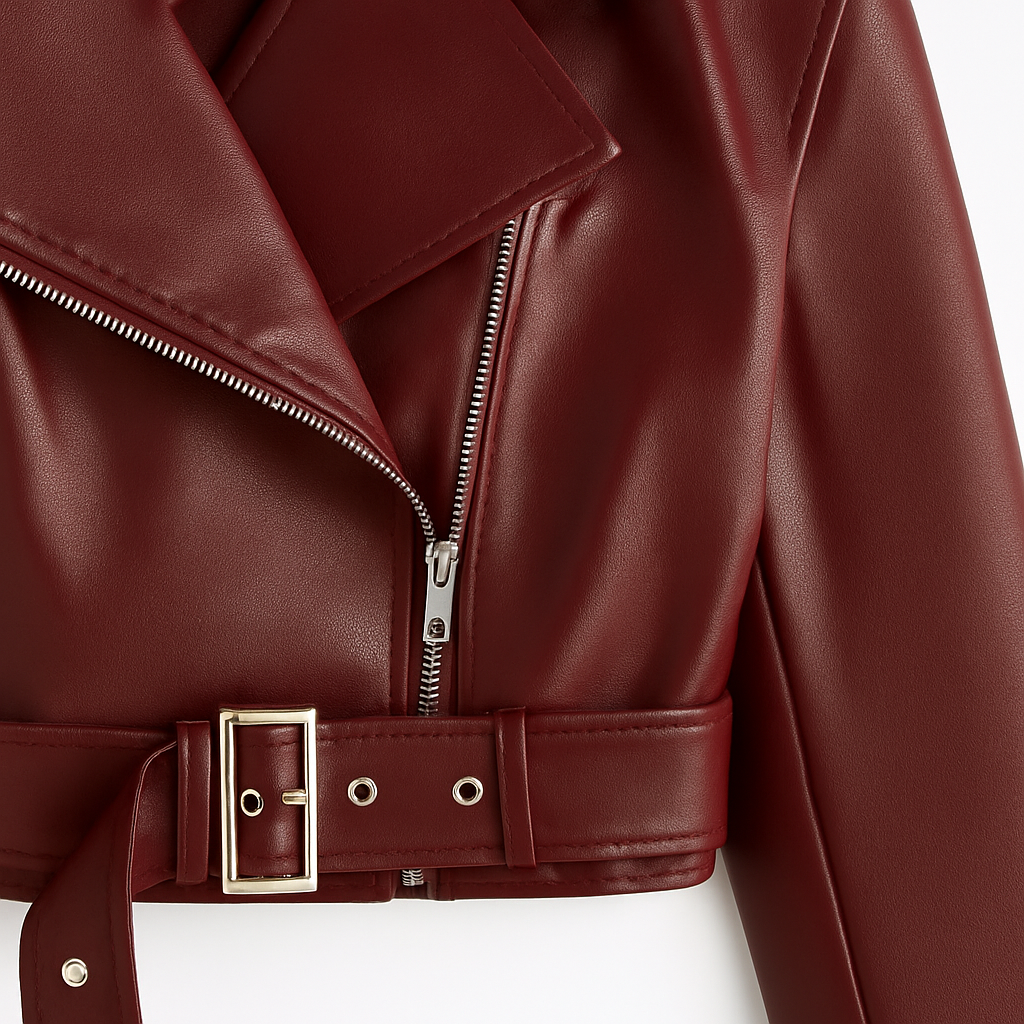 Faux leather biker jacket with a notched lapel collar, asymmetric front zip closure, belted waist with metal buckle, and long sleeves.