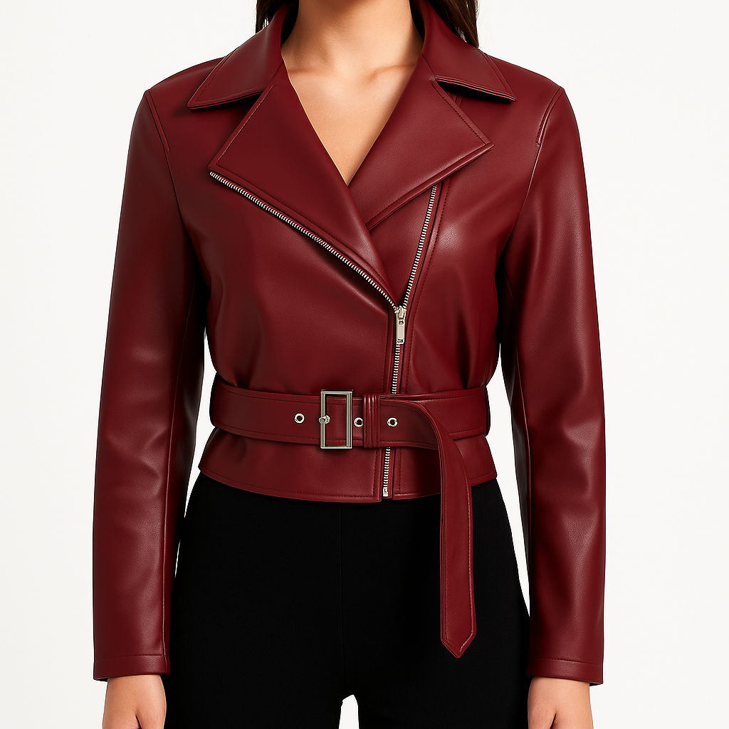Faux leather biker jacket with a notched lapel collar, asymmetric front zip closure, belted waist with metal buckle, and long sleeves.