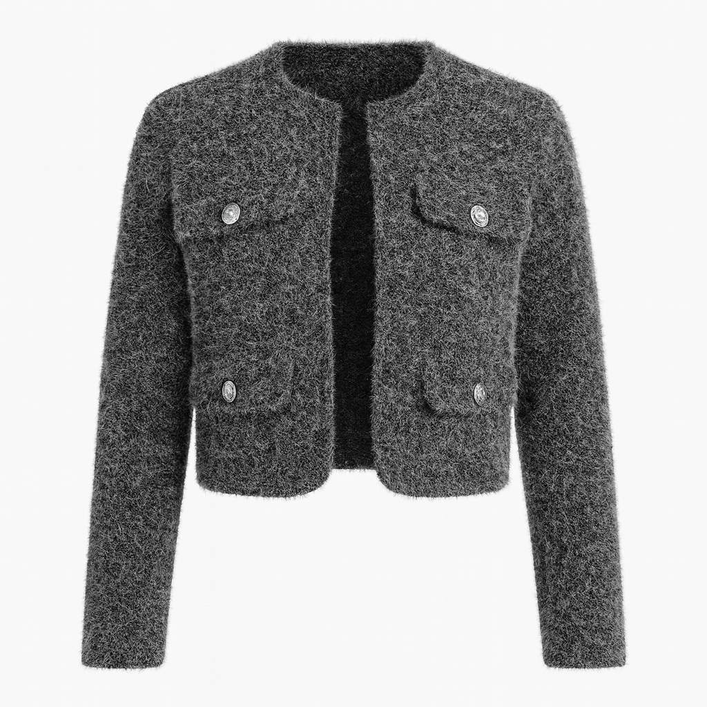 Cropped jacket with a stand collar, front zip closure, two flap chest pockets with button details, and long sleeves.