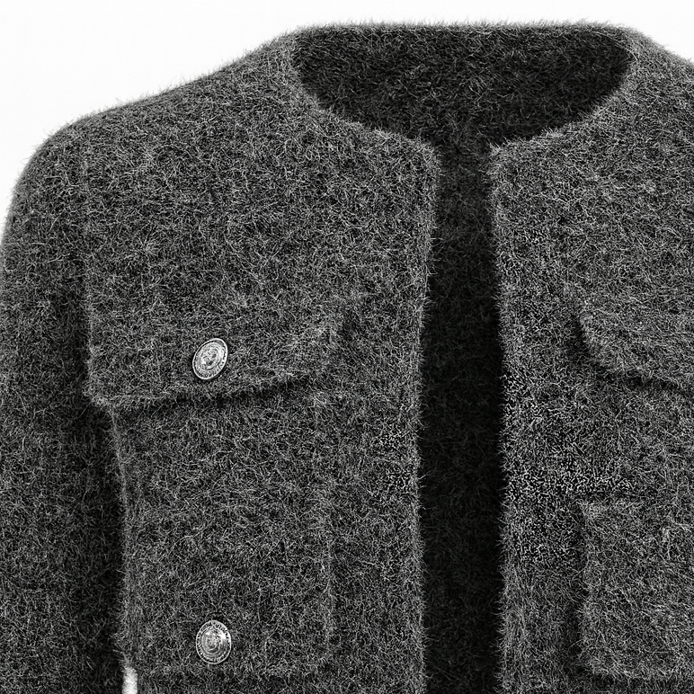 Cropped jacket with a stand collar, front zip closure, two flap chest pockets with button details, and long sleeves.