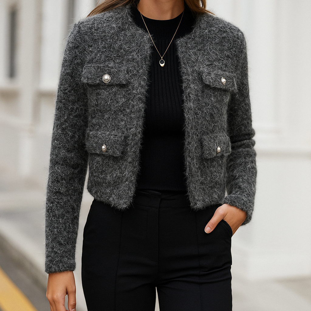 Cropped jacket with a stand collar, front zip closure, two flap chest pockets with button details, and long sleeves.