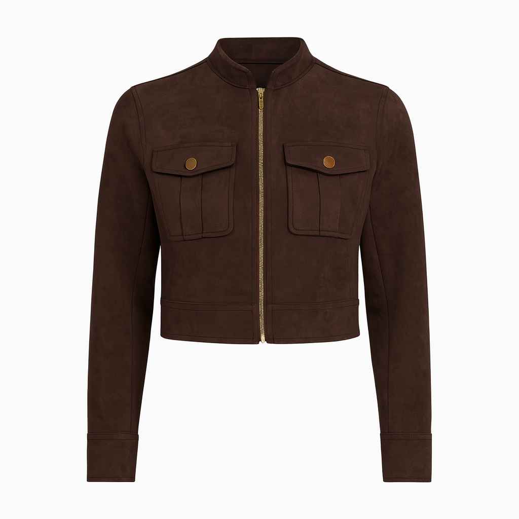 Cropped jacket with a stand collar, front zip closure, two flap chest pockets with button details, and long sleeves.