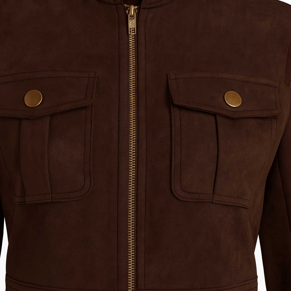 Cropped jacket with a stand collar, front zip closure, two flap chest pockets with button details, and long sleeves.
