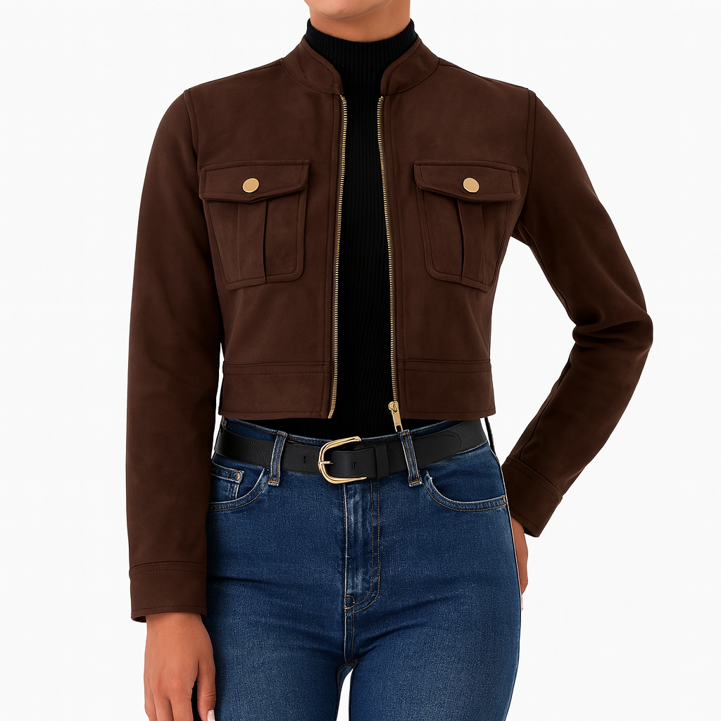 Cropped jacket with a stand collar, front zip closure, two flap chest pockets with button details, and long sleeves.