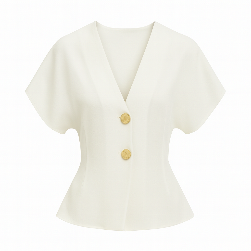 A short-sleeve blouse with a deep V-neckline, two large front buttons, a tailored waist, and a slightly flared hem.