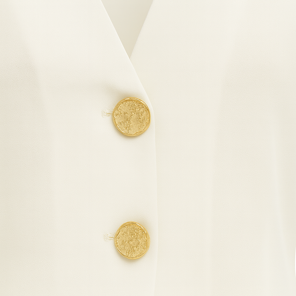 A short-sleeve blouse with a deep V-neckline, two large front buttons, a tailored waist, and a slightly flared hem.