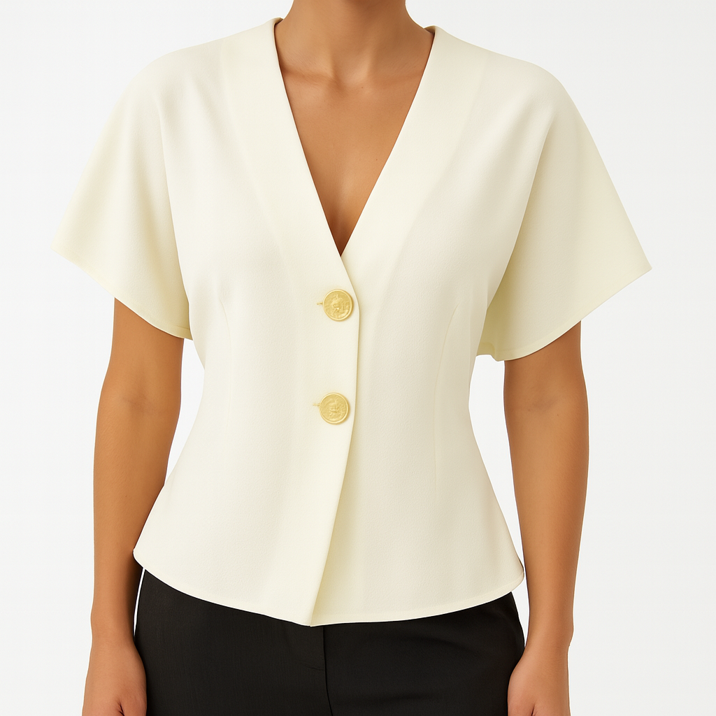 A short-sleeve blouse with a deep V-neckline, two large front buttons, a tailored waist, and a slightly flared hem.
