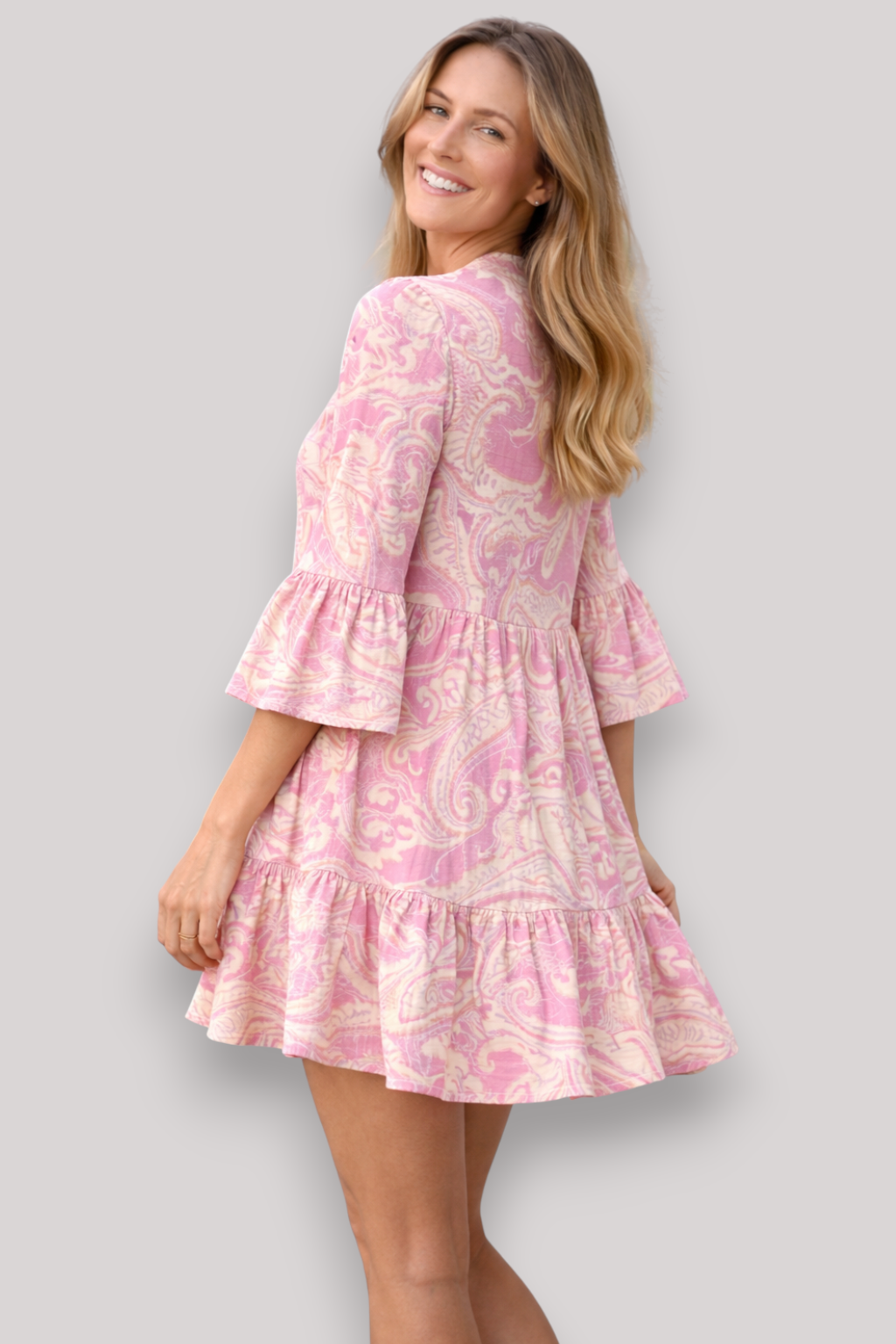 The Clair Flared Mini Print Dress Button Boho Puff Sleeves