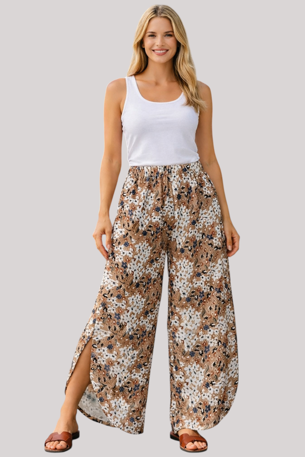 The Maribel Floral Wide Leg Trousers High Waist Elastic Fit Holiday Pants