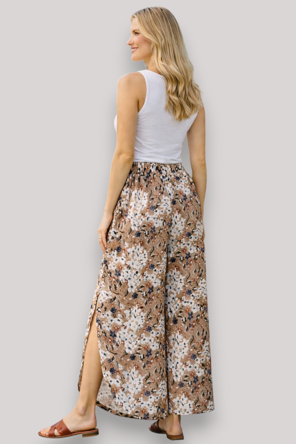 The Maribel Floral Wide Leg Trousers High Waist Elastic Fit Holiday Pants