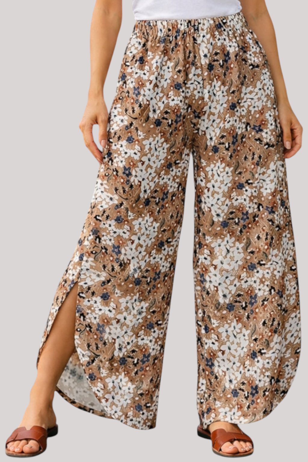 The Maribel Floral Wide Leg Trousers High Waist Elastic Fit Holiday Pants